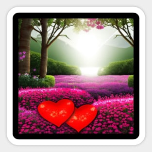 Valentine Wall Art - Hearts in a sunrise garden - Unique Valentine Fantasy Planet Landsape - Photo print, canvas, artboard print, Canvas Print and T shirt Sticker